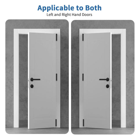 Heavy Duty Four Inch Self Closing Door Hinges Three Pack Featuring Five Eighths Corners And Spring Loaded Setup For Interior Rooms That Shut Smoothly Straight Up Zero Hassle Every Day shown on doors in left and right configurations.