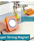 Close-up of Beefy Magnetic Seam Guides For Sewing Machine Set, showing orange guide with scale, magnetic base, and easy-use instructions.