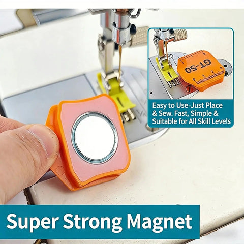 Close-up of Beefy Magnetic Seam Guides For Sewing Machine Set, showing orange guide with scale, magnetic base, and easy-use instructions.