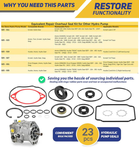 BDP-10A Pump Overhaul Seal Kit with seals and gaskets shown with compatibility chart for PG series hydraulic pumps Kohler Kawasaki