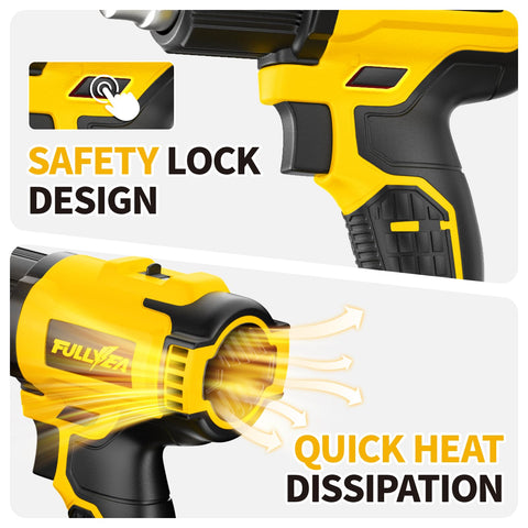 Cordless Heat Gun Kit with safety lock and quick heat dissipation features, lightweight yellow design, dual temp up to 1022 F, 550 C
