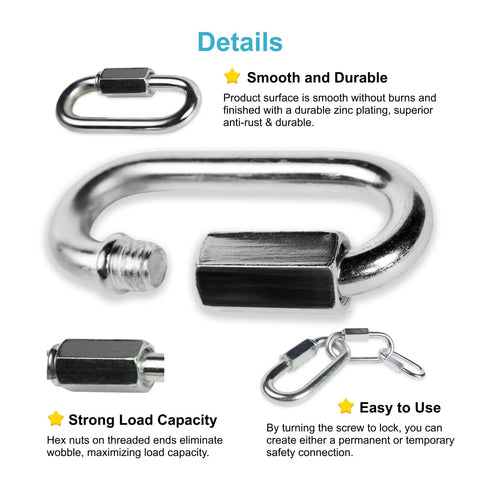 Heavy Duty Chain Quick Links Set With Locking Carabiners Galvanized Steel Screw Locks Three Sizes M3.5 M5 M8 Rustproof Easy to Install