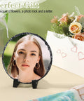 Portrait photo on sublimation slate with display holder, flowers, and letter card; 10 Pack Bulk Sublimation Slate Blanks With Display Holders