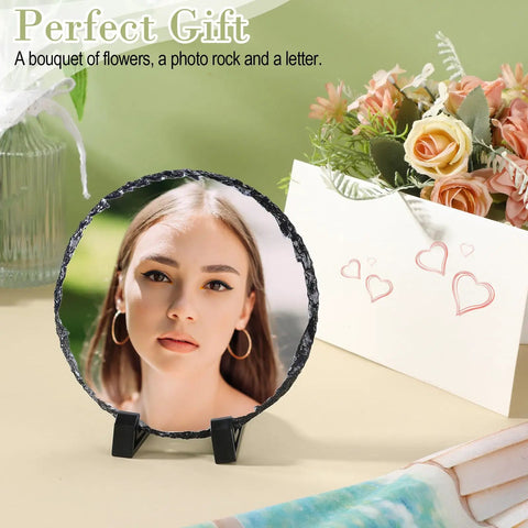 Portrait photo on sublimation slate with display holder, flowers, and letter card; 10 Pack Bulk Sublimation Slate Blanks With Display Holders