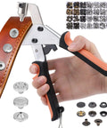 Heavy Duty Snap Fastener Tool Kit With 100 Pairs Of 15mm Stainless Steel Snaps For Fabric And Leather Sewing DIY Crafts Orange Pliers Set With 3 Replacement Heads And Storage Box