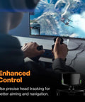 Gamer using joystick with Head Tracking System With 6DOF USB Optical Motion Tracker For PC Gaming, flight simulator visible