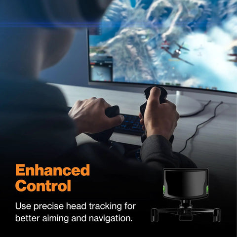 Gamer using joystick with Head Tracking System With 6DOF USB Optical Motion Tracker For PC Gaming, flight simulator visible