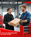 Man in blue overalls receives boxed Power Tool Organizer Wall Mount With Charging Station, 4 Tier Garage Gear Storage Rack, Red.