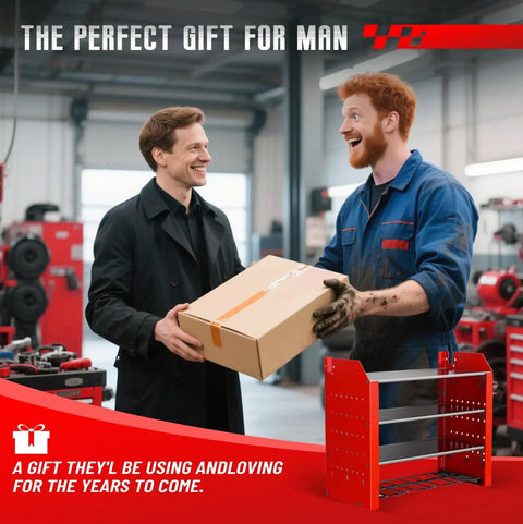 Man in blue overalls receives boxed Power Tool Organizer Wall Mount With Charging Station, 4 Tier Garage Gear Storage Rack, Red.