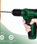Smooth As Hell 8V Cordless Drill Set With One Hand Keyless Chuck And 42 Piece Accessory Kit Built In Bright Led Work Light Type C Fast Charge Cable in use drilling into wood.