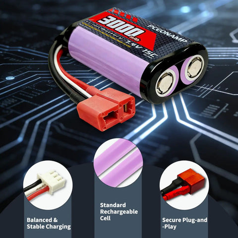 7.4V 3000mAh Li-ion RC Battery 2S T Plug For 1/12, 1/16, 1/18 RC Cars And 4WD High Speed Models With Two Charging Cables