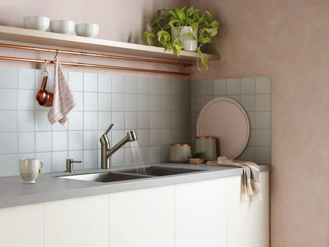 Spot Resist Stainless Single Handle Pull Out Sprayer Kitchen Faucet With Soap Dispenser And Power Clean For Fifty Percent More Spray Power For A Faster Clean Duralock Quick Connect Deck Plate Included in modern kitchen setting