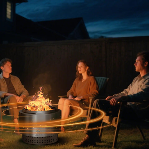 People sitting around smokeless 19.5 inch stainless steel fire pit with waterproof bag and poker for patio, camping, and backyard.