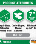 Pro Structural Concrete Repair Patch attributes showing versatility on steps, sidewalks, and walls with up to 7-inch crack coverage.