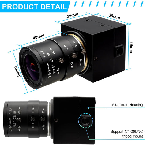 Ultra HD 8MP USB Camera With 2.8 To 12mm Varifocal Lens for Machine Vision, IMX179 Sensor, shown with product dimensions
