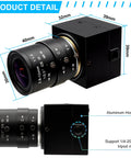1080P USB Webcam with 2.8-12mm varifocal lens for video conference and streaming, dimensions and aluminum housing details shown