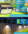 Outdoor Solar Motion Sensor Lights 138 LED 10 Pack Waterproof Wall Lights with 3 Lighting Modes illuminating a garden fence.