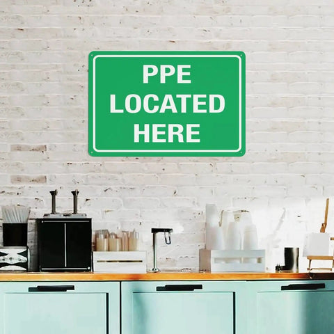 Built Tough PPE Storage Warning Sign 8 By 12 Inch Outdoor Aluminum Safety Marker Job Site Ready Weatherproof Plate mounted on wall.