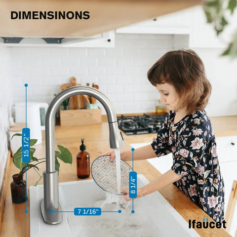 Child using Pull Down Sprayer Kitchen Faucet With High Arc And Single Handle, Brushed Nickel Finish, 15 Inch Tall, 7 Inch Reach
