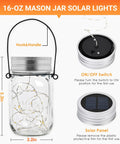 16-oz mason jar solar lantern with hook and solar panel, part of 6 Pack Mason Jar Solar Lanterns With Jars And Hangers, Outdoor Waterproof Fairy Lights, 30 LED Hanging Lanterns For Patio Backyard Garden Decor, Warm White Glow, Cozy Night Ambience
