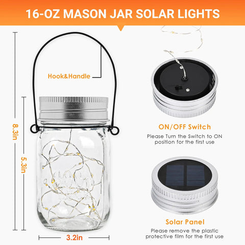 16-oz mason jar solar lantern with hook and solar panel, part of 6 Pack Mason Jar Solar Lanterns With Jars And Hangers, Outdoor Waterproof Fairy Lights, 30 LED Hanging Lanterns For Patio Backyard Garden Decor, Warm White Glow, Cozy Night Ambience