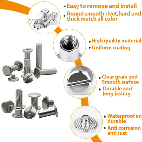 Sweet Silver Chicago Screws Kit Badass 120 Piece Rivet Bolt Set, silver nickel screws for easy leather craft installation.