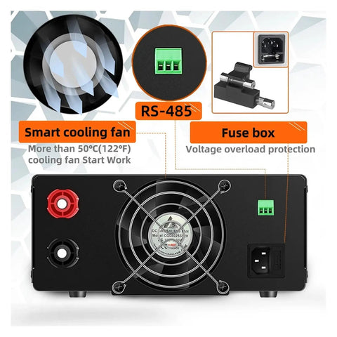 Rugged 120V DC Adjustable Lab Power Supply With RS485 For Your Bench Delivering 100W To 1200W Up To 30V 20A 600W rear view with fan and fuse