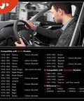 Man operating steering wheel while showing compatibility list for Heavy Duty Floor Mounted Headlight Dimmer Switch For Classic Chevy And Buick Rides Top Shelf Steering Column Replacement No Sweat Snap Fit Vintage Muscle Car Lighting Gear.
