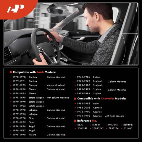 Man operating steering wheel while showing compatibility list for Heavy Duty Floor Mounted Headlight Dimmer Switch For Classic Chevy And Buick Rides Top Shelf Steering Column Replacement No Sweat Snap Fit Vintage Muscle Car Lighting Gear.