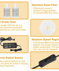 Hardworking Home Electric Wine Transfer Pump With Adjustable Speed Food Grade Silicone Hose Smooth As Butter For Beer And Beverages No Sweat Setup Self Priming Filter Kit parts including stainless steel filter, food grade hose, and speed controller.