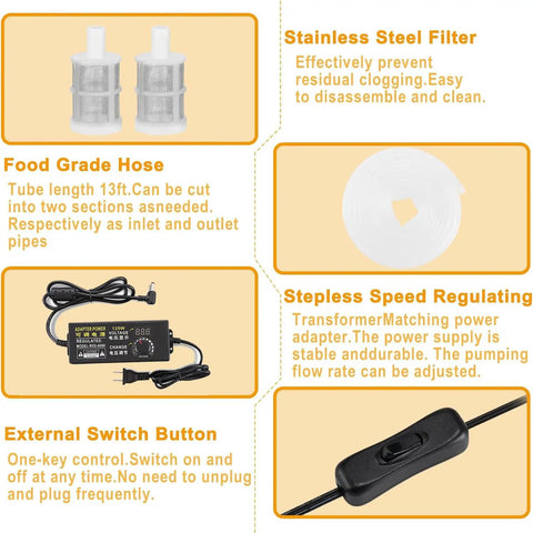 Hardworking Home Electric Wine Transfer Pump With Adjustable Speed Food Grade Silicone Hose Smooth As Butter For Beer And Beverages No Sweat Setup Self Priming Filter Kit parts including stainless steel filter, food grade hose, and speed controller.