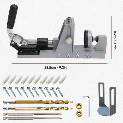 Pocket Hole Jig Kit For Woodworking Projects One Sided Fifteen Degree Locator With Hardened Steel Bushing And Three Eighths Inch Drill Bit For Cabinet Assembly Garage Grade Furniture Repair DIY Shelves, showing various parts and dimensions.