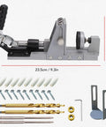 Heavy Duty Aluminum Pocket Hole Jig Kit With 3/8 Inch Ti Coated Drill Bit Straight Shot 15 Degree Alignment tools and components layout.