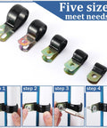 Five vinyl-coated cable clamps with galvanized steel bases for 1/4 inch (6 mm) cables; installation steps demonstrated.