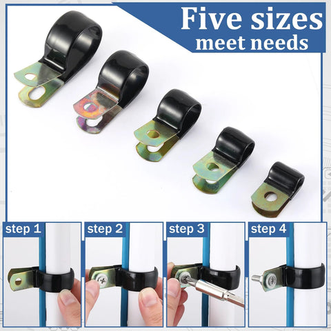 Five vinyl-coated cable clamps with galvanized steel bases for 1/4 inch (6 mm) cables; installation steps demonstrated.