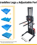 Heavy Duty Electric Pallet Stacker Delivering 3300 Lbs Capacity And 118 Inch Lift Height with adjustable straddle legs and forks.