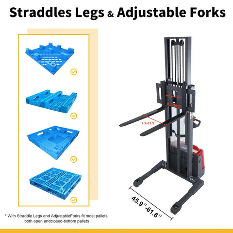 Heavy Duty Electric Pallet Stacker Delivering 3300 Lbs Capacity And 118 Inch Lift Height with adjustable straddle legs and forks.