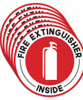 Six-pack of 2.75 inch red and white fire extinguisher inside stickers, ultra strong adhesive weatherproof decals for quick access.