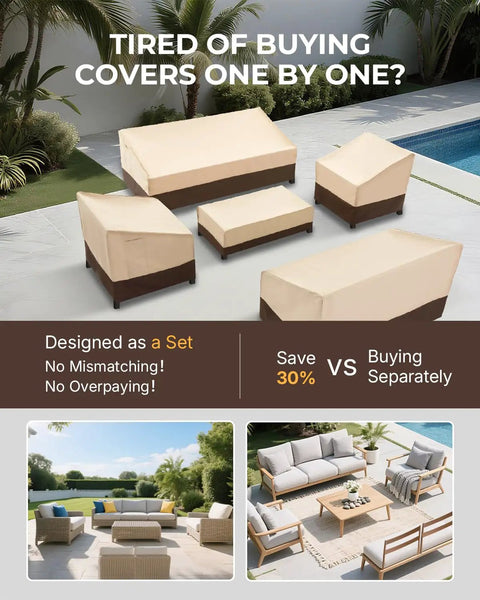 Five Piece Outdoor Patio Furniture Cover Set Waterproof 600D Built Tough Covers For Chairs Loveseat Sofa And Coffee Table Wind Resistant UV Protection Durable Lawn Or Patio Set displayed on patio furniture with garden backdrop.