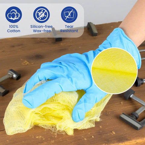 16 Pack Heavy Duty Tack Cloths For DIY Heroes Ready To Sweep Dust Like Pros Premium Cotton Mesh Wipes being used to clean surfaces.