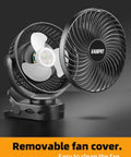 Six Inch Portable Hanging RV Tent Fan With Remote Control LED Light And Timer 10000mAh Battery close-up with removable cover