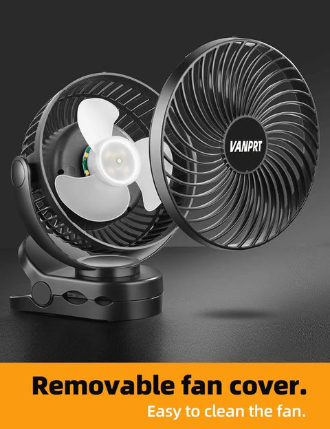 Six Inch Portable Hanging RV Tent Fan With Remote Control LED Light And Timer 10000mAh Battery close-up with removable cover