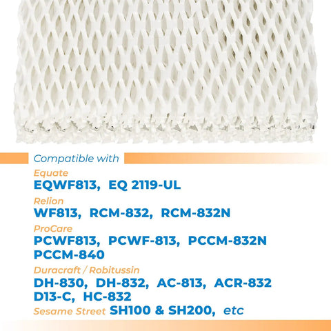 Close-up of 4 Pack WF813 Humidifier Filter Replacement highlighting hydrophilic fabric and mesh with compatibility list.