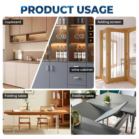 Product usage of Heavy Duty Invisible Door Hinges 180 Degree Swivel Black Four Pack Solid Zinc Alloy in cupboards, wine cabinets, and folding tables.