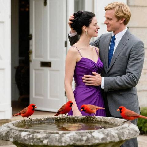 A man and woman elegantly dressed standing by a stone bird bath with cardinals perched on its edge.