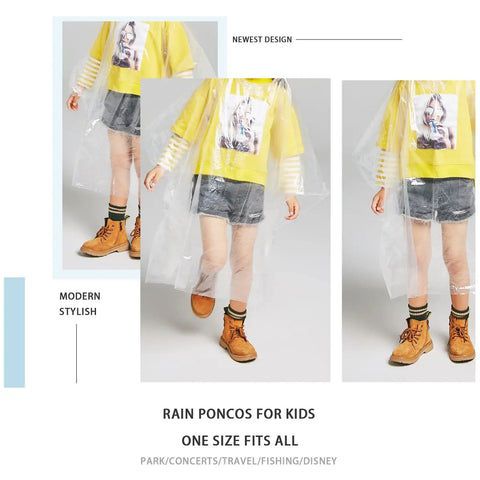 Child wearing Six Pack Kids Disposable Rain Ponchos Fifty Percent Thicker Emergency Rain Gear Clear Plastic Ponchos With Hat Rope.