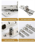 360 Degree Rotation Heavy Duty Door Pivot Hinge in Stainless Steel Concealed Revolving Furniture Hardware 56x15.5x2mm for Smooth Easy Install Built to Last Door Pivot System for Home Office and Cabinets, close-up and angled views