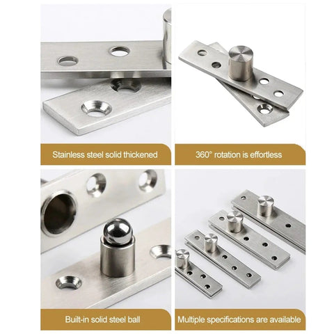360 Degree Rotation Heavy Duty Door Pivot Hinge in Stainless Steel Concealed Revolving Furniture Hardware 56x15.5x2mm for Smooth Easy Install Built to Last Door Pivot System for Home Office and Cabinets, close-up and angled views