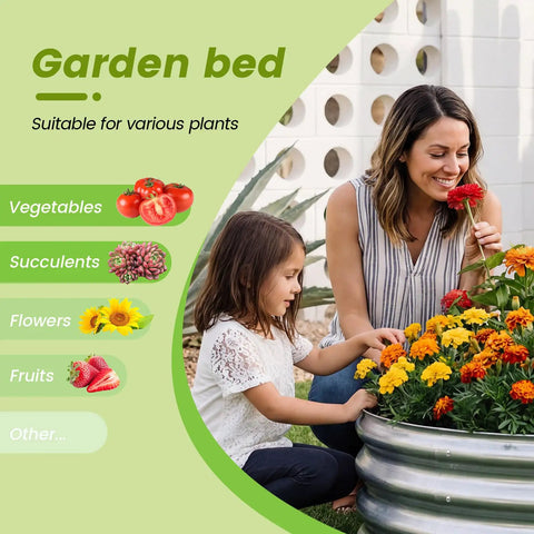 3-Pack Round Galvanized Raised Garden Bed Kit 2 By 2 By 1 Foot Outdoor Planter with woman and child planting flowers