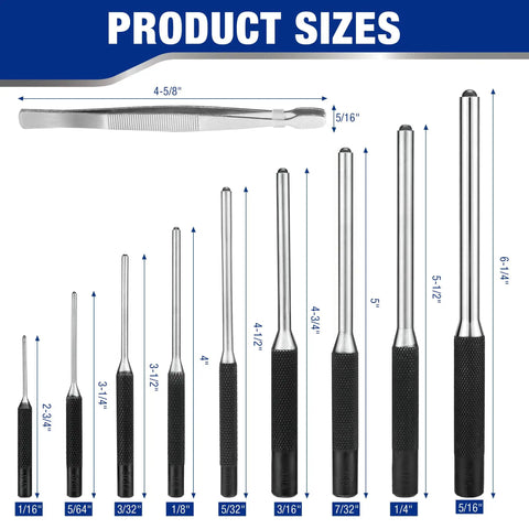 Pro Grade 9 Piece Roll Pin Punch Set With Precision Tweezers Built Tough From Premium Chrome Vanadium Steel Black Oxide Coating Rock Solid Hardened Tips For Straight Up Pin Installation Or Removal
